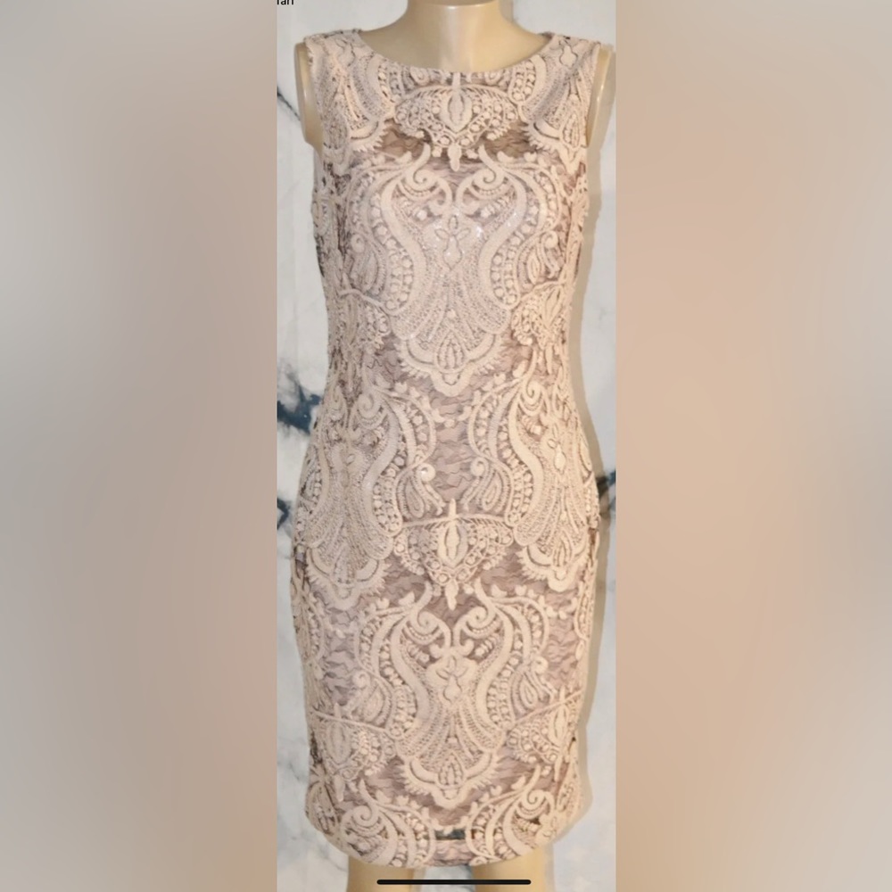 NWT Calvin Klein Khaki Embroidered and sequins on black lace cocktail dress